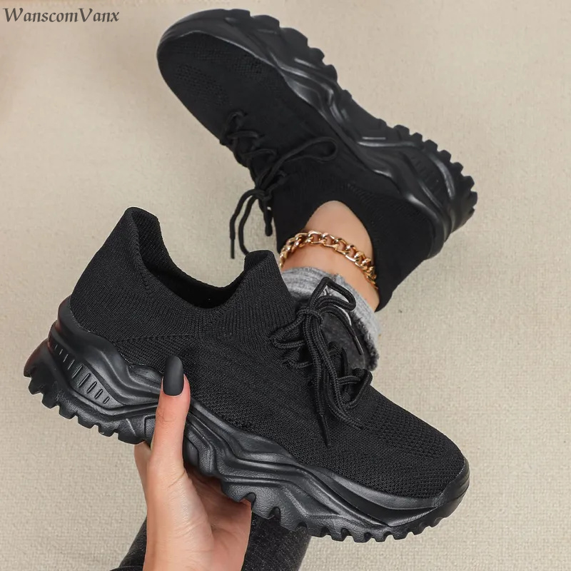 Modische Chunky-Plateau-Sneake – Knit Fabric Lace Up Sneakers Bewertung und Preis